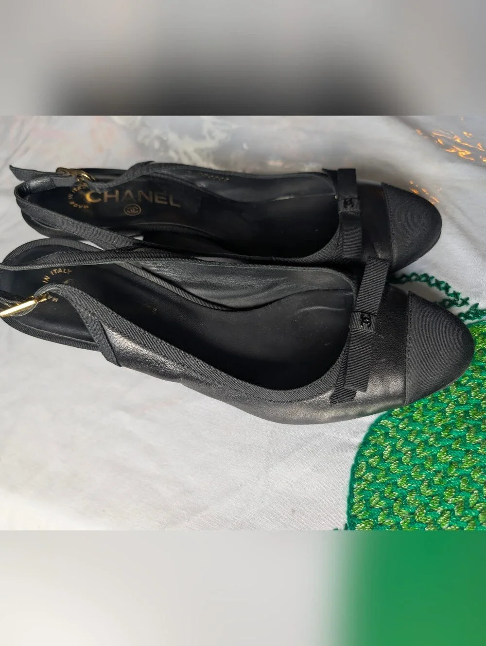 CHANEL Black Slingback Mules with Signature Bow